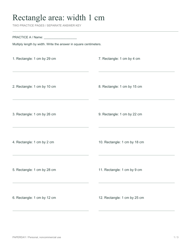 Preview of Rectangle area: width 1 cm - practice and answers