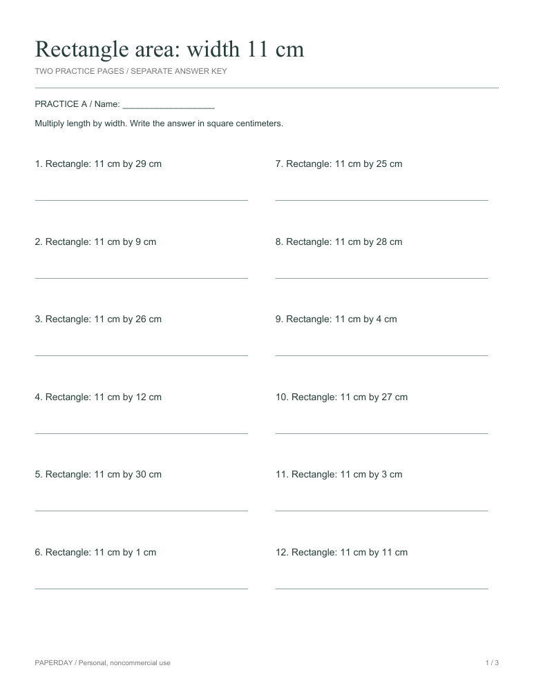 Page one of Rectangle area: width 11 cm - practice and answers