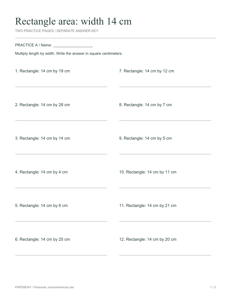 Page one of Rectangle area: width 14 cm - practice and answers