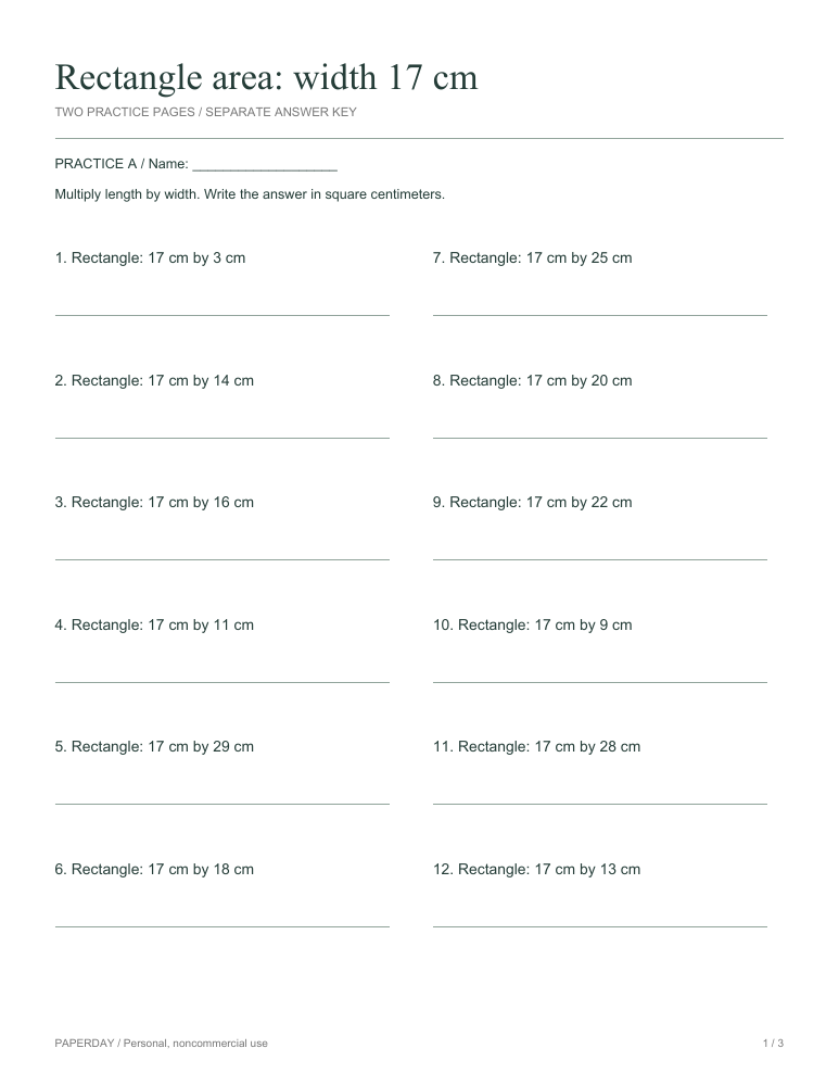 Page one of Rectangle area: width 17 cm - practice and answers