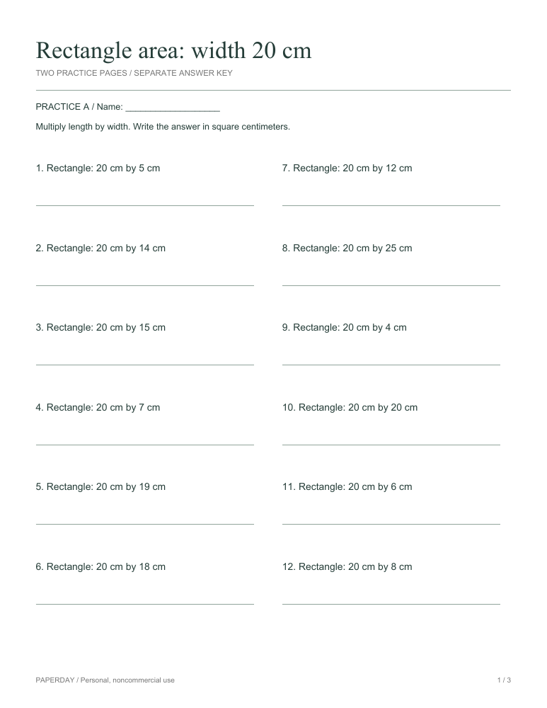 Page one of Rectangle area: width 20 cm - practice and answers