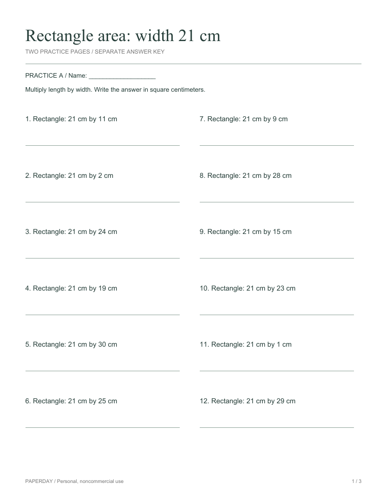 Page one of Rectangle area: width 21 cm - practice and answers