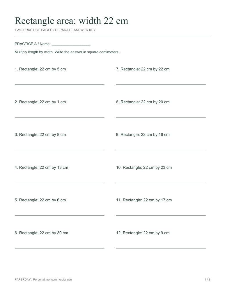 Page one of Rectangle area: width 22 cm - practice and answers