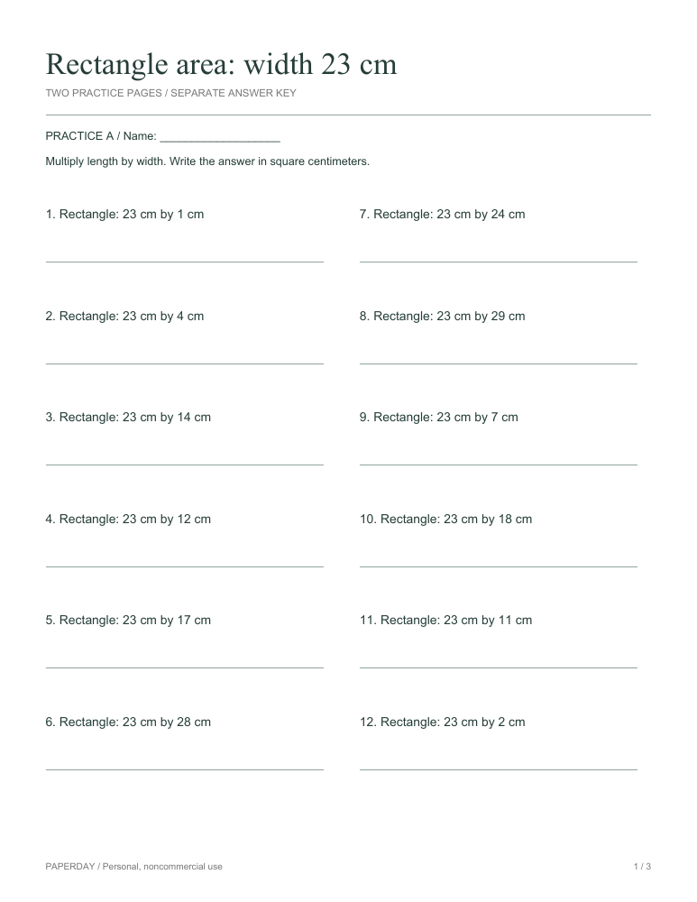 Page one of Rectangle area: width 23 cm - practice and answers