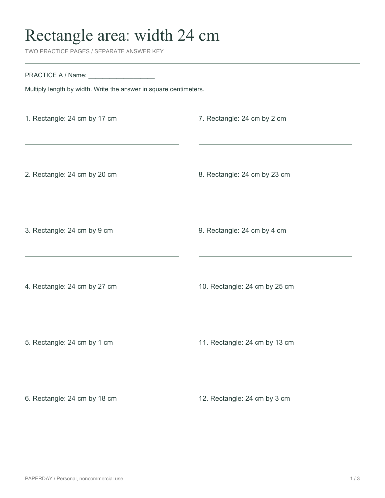 Page one of Rectangle area: width 24 cm - practice and answers
