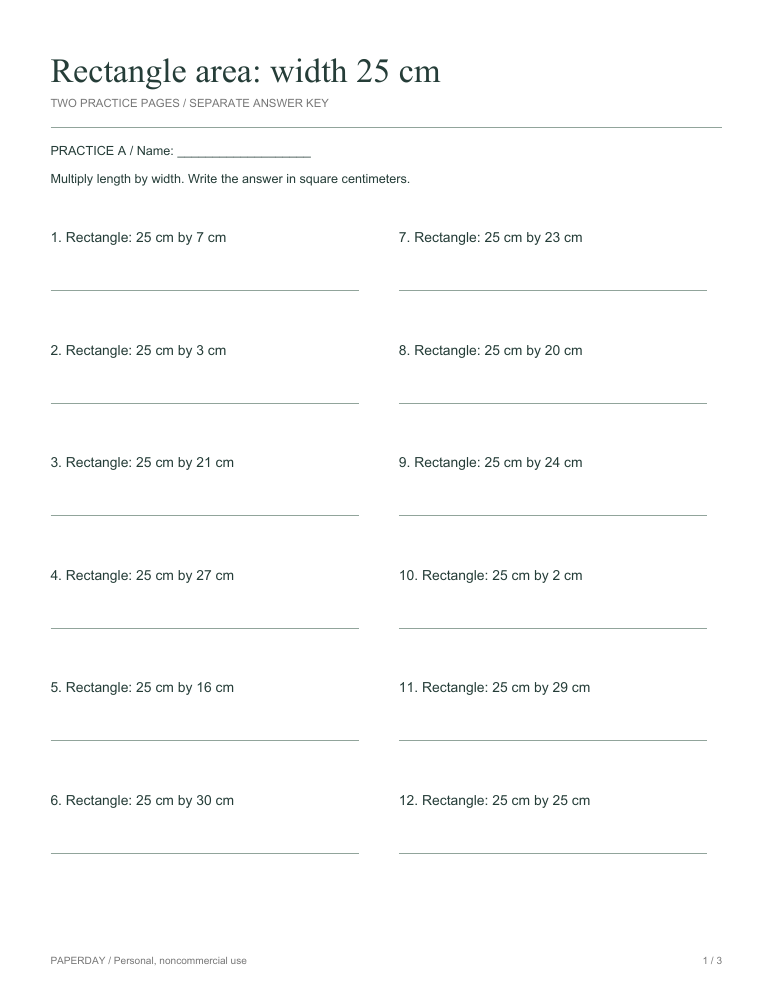 Page one of Rectangle area: width 25 cm - practice and answers