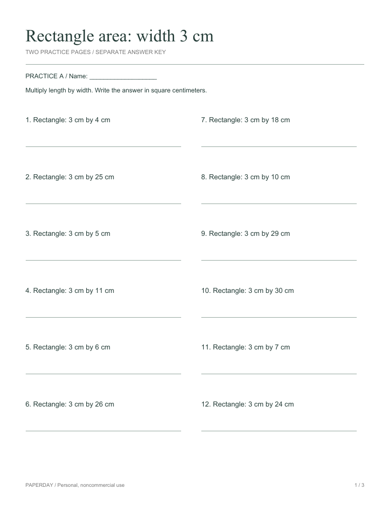 Page one of Rectangle area: width 3 cm - practice and answers