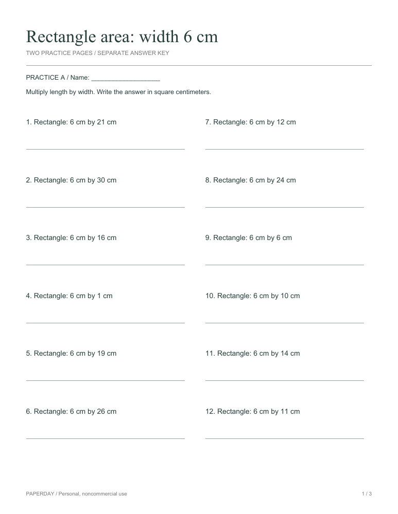 Page one of Rectangle area: width 6 cm - practice and answers