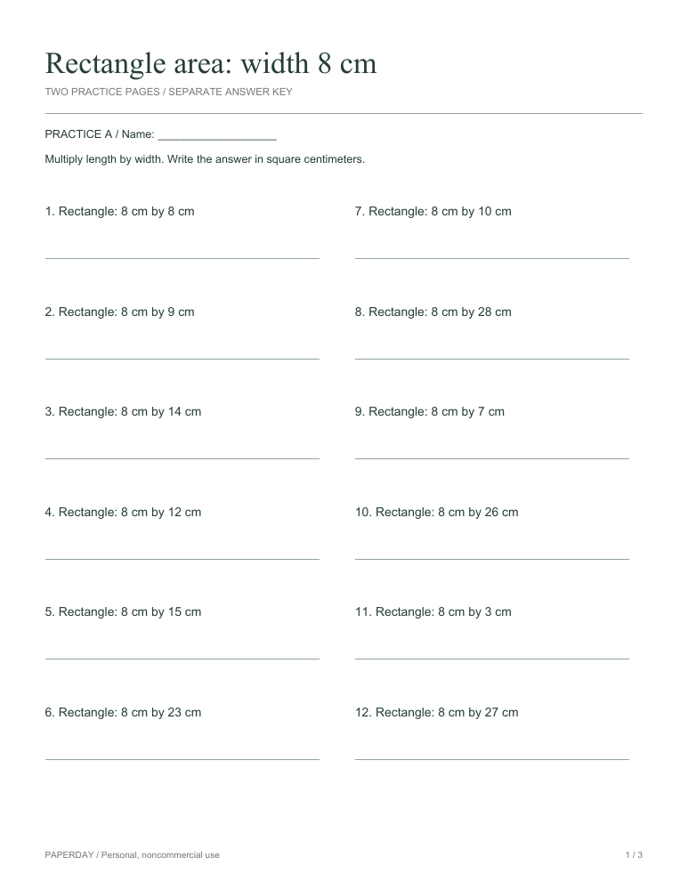 Page one of Rectangle area: width 8 cm - practice and answers