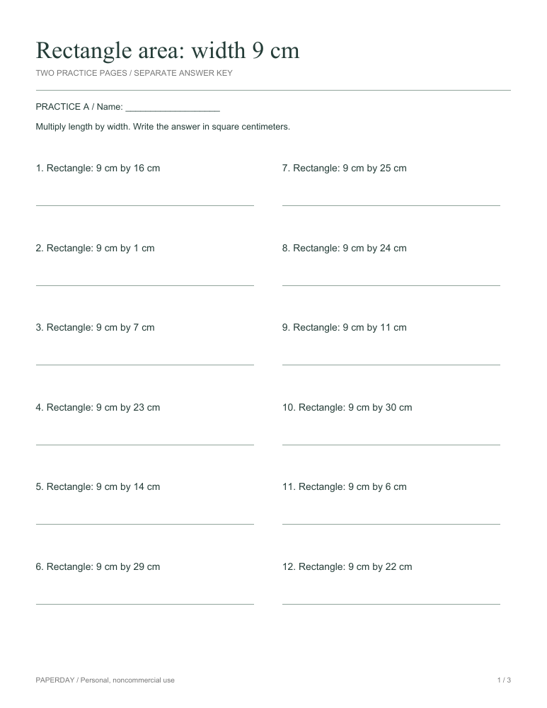Page one of Rectangle area: width 9 cm - practice and answers