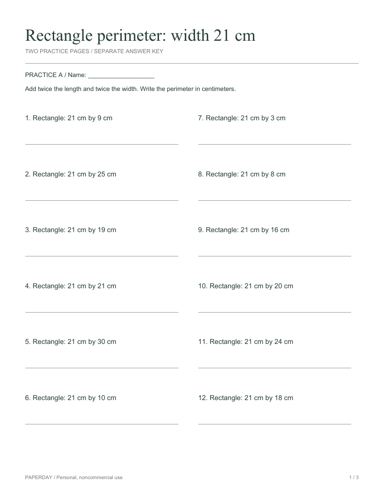 Page one of Rectangle perimeter: width 21 cm - practice and answers
