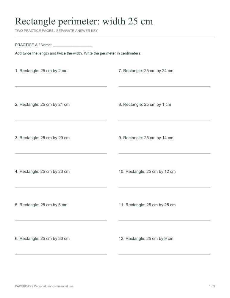 Page one of Rectangle perimeter: width 25 cm - practice and answers