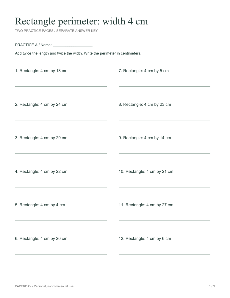Page one of Rectangle perimeter: width 4 cm - practice and answers