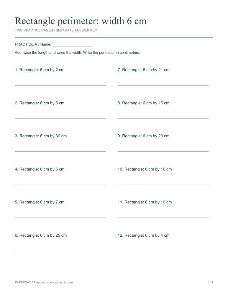 Page one of Rectangle perimeter: width 6 cm - practice and answers