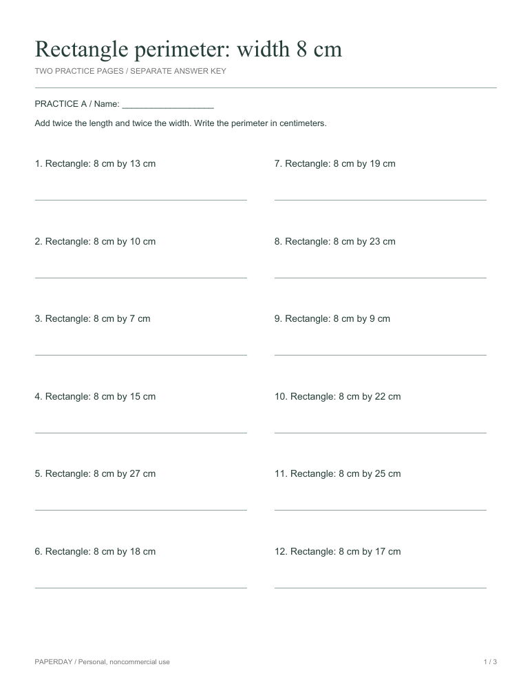 Page one of Rectangle perimeter: width 8 cm - practice and answers