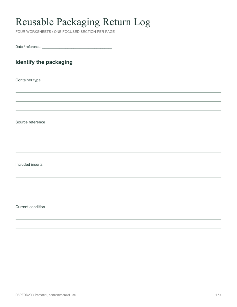 Page one of Reusable Packaging Return Log