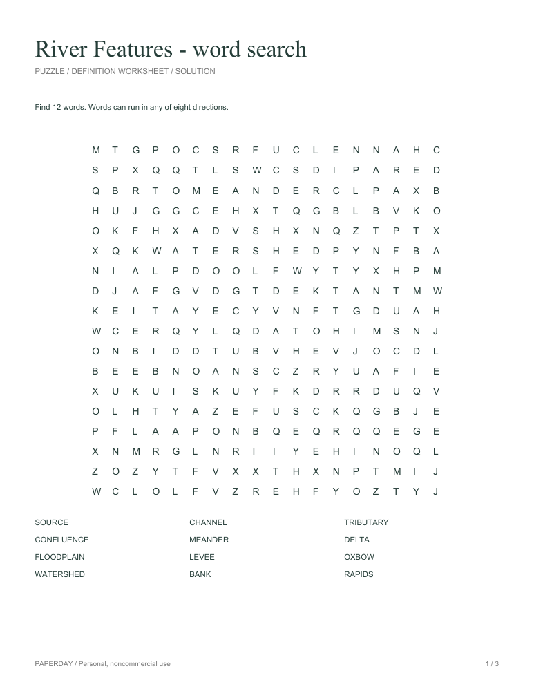Preview of River Features Word Search