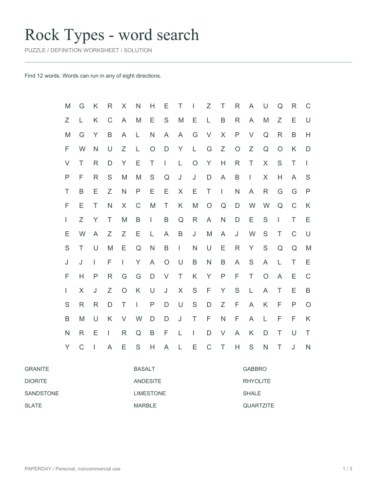 Preview of Rock Types Word Search