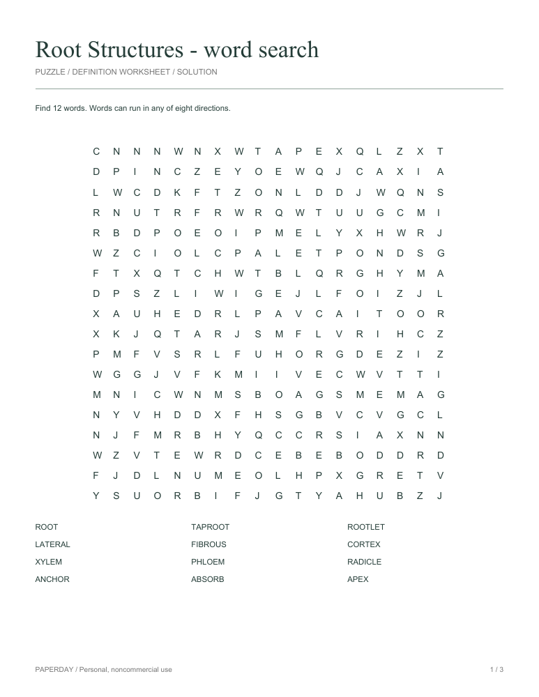 Preview of Root Structures Word Search