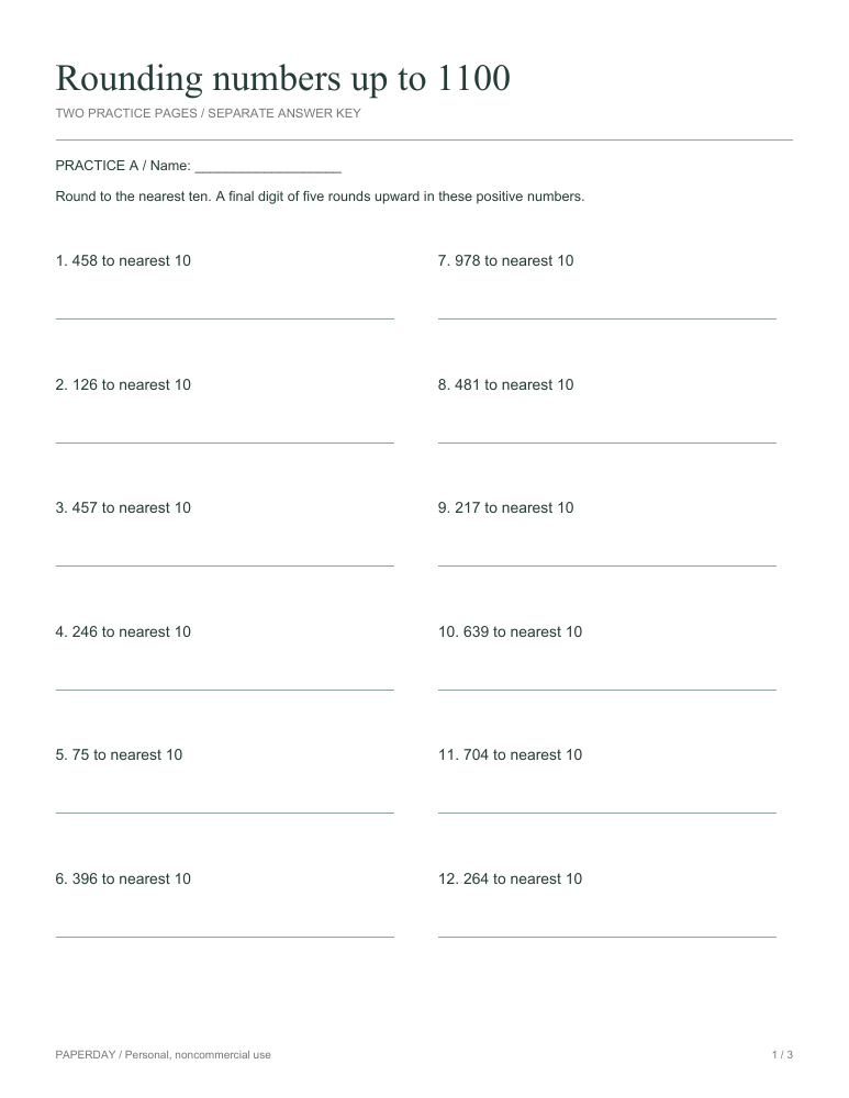 Preview of Rounding numbers up to 1100 - practice and answers