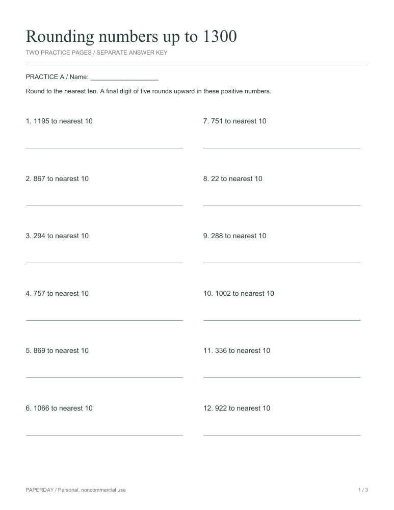 Preview of Rounding numbers up to 1300 - practice and answers