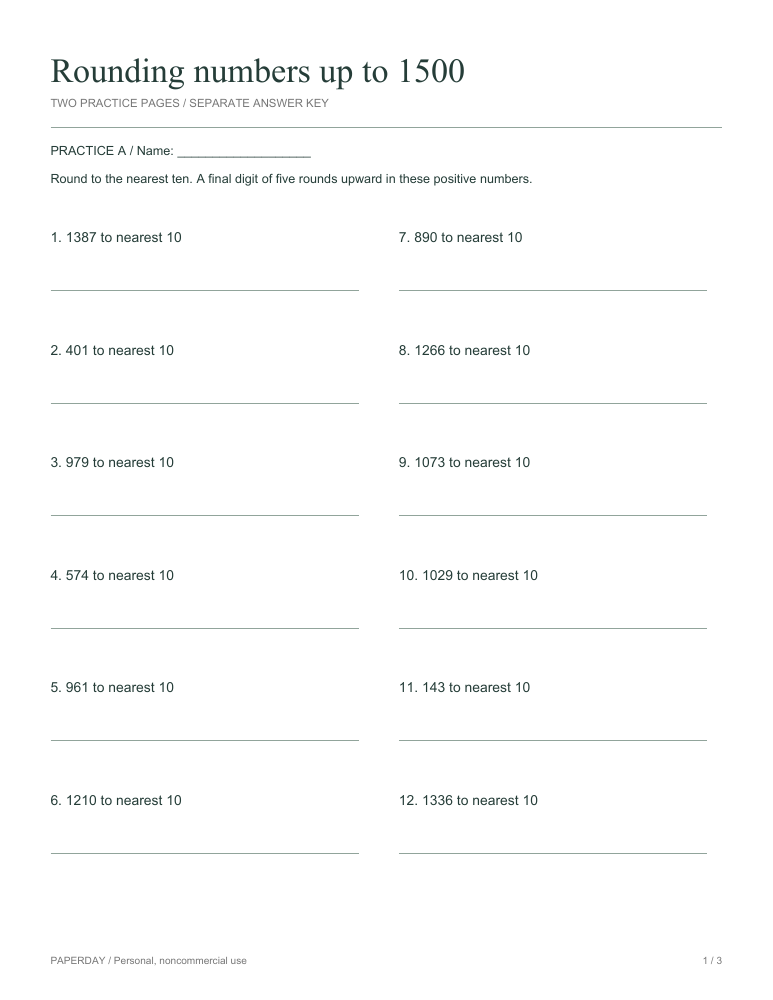 Preview of Rounding numbers up to 1500 - practice and answers