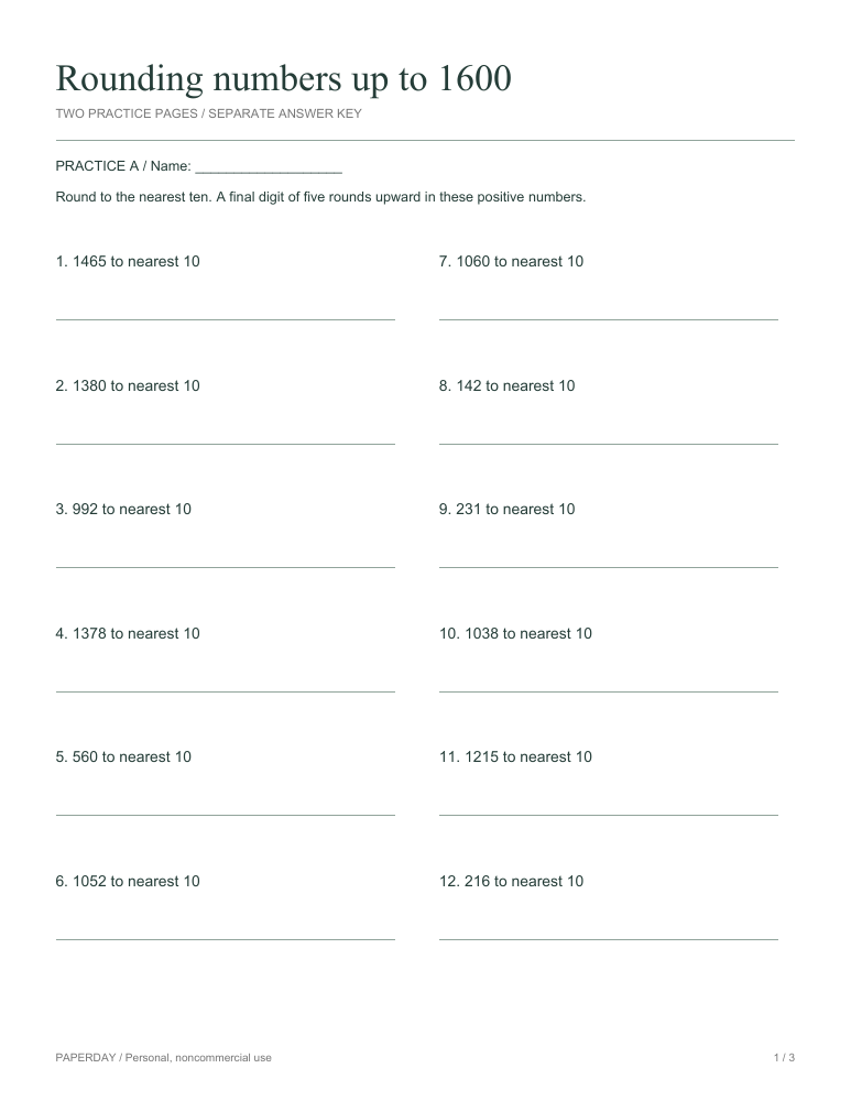 Preview of Rounding numbers up to 1600 - practice and answers