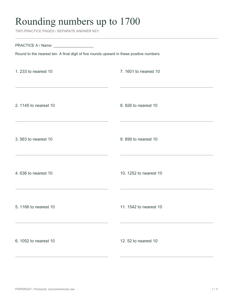 Preview of Rounding numbers up to 1700 - practice and answers