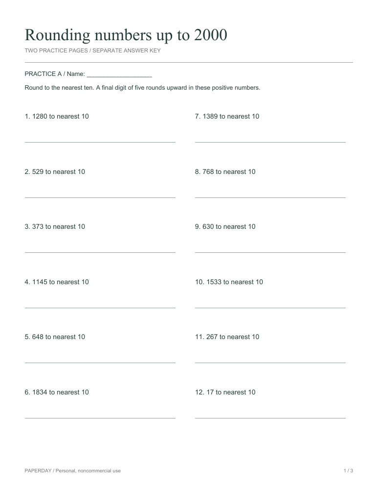 Preview of Rounding numbers up to 2000 - practice and answers