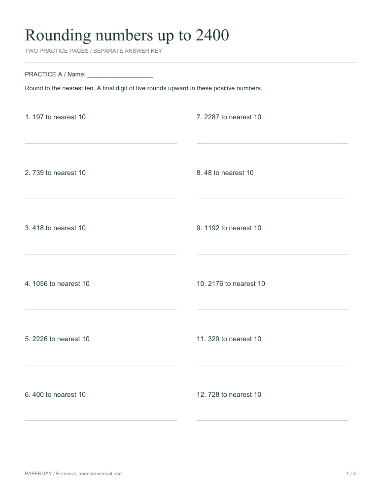 Preview of Rounding numbers up to 2400 - practice and answers