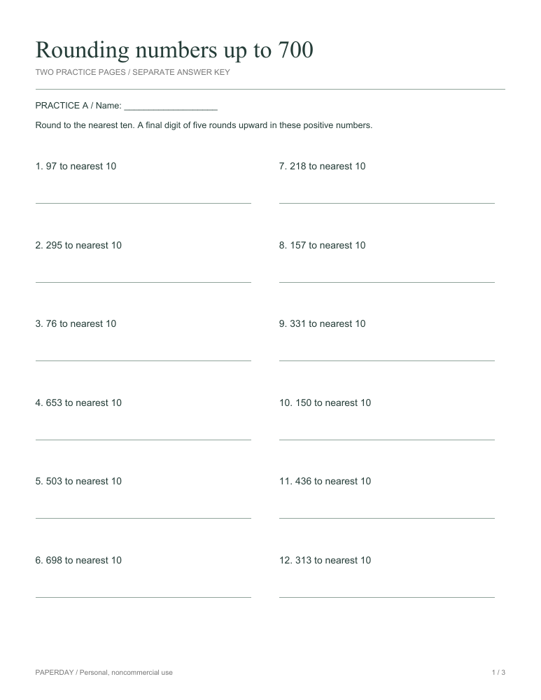 Preview of Rounding numbers up to 700 - practice and answers