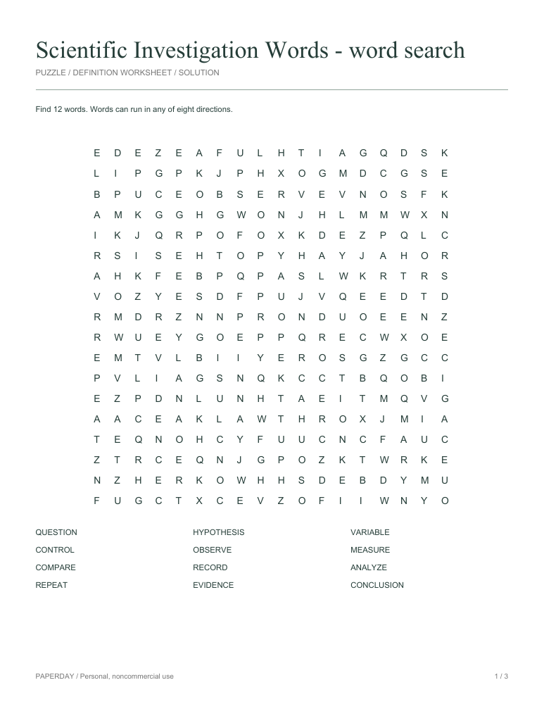 Preview of Scientific Investigation Words Word Search