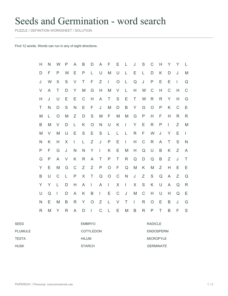 Preview of Seeds and Germination Word Search