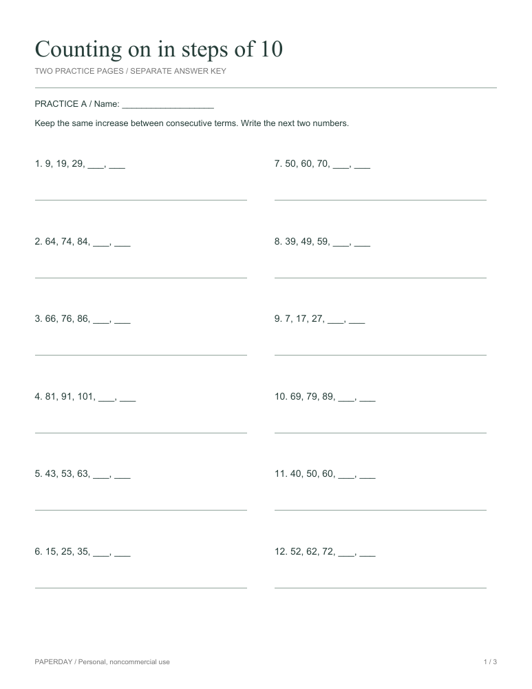 Page one of Counting on in steps of 10 - practice and answers