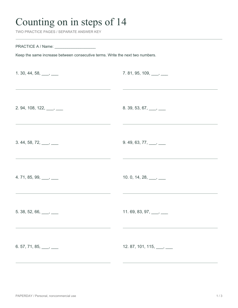 Page one of Counting on in steps of 14 - practice and answers