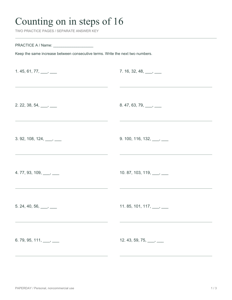 Page one of Counting on in steps of 16 - practice and answers