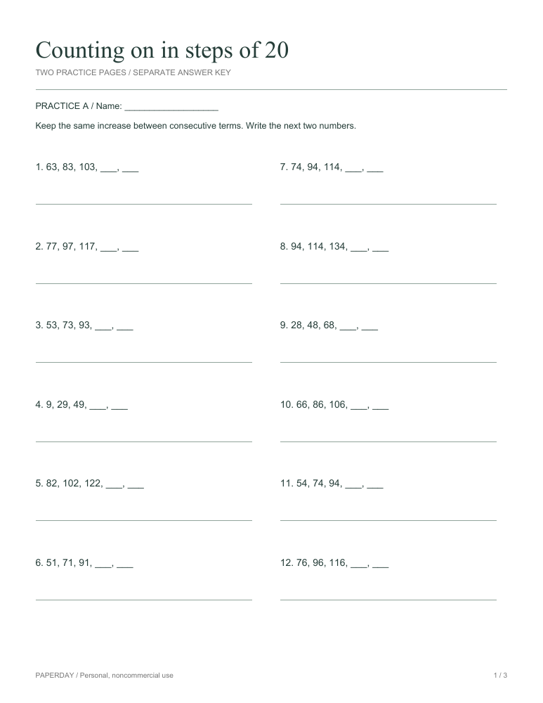 Page one of Counting on in steps of 20 - practice and answers