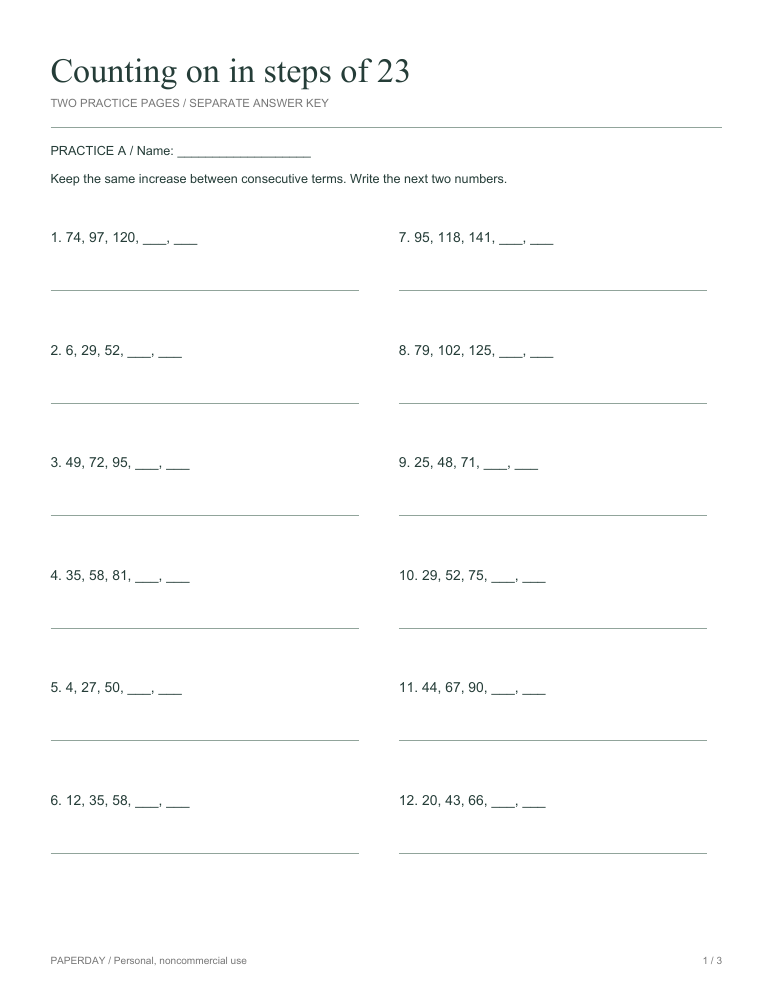 Page one of Counting on in steps of 23 - practice and answers