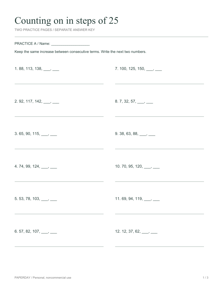Page one of Counting on in steps of 25 - practice and answers