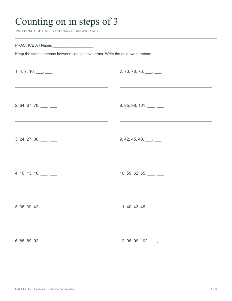 Page one of Counting on in steps of 3 - practice and answers