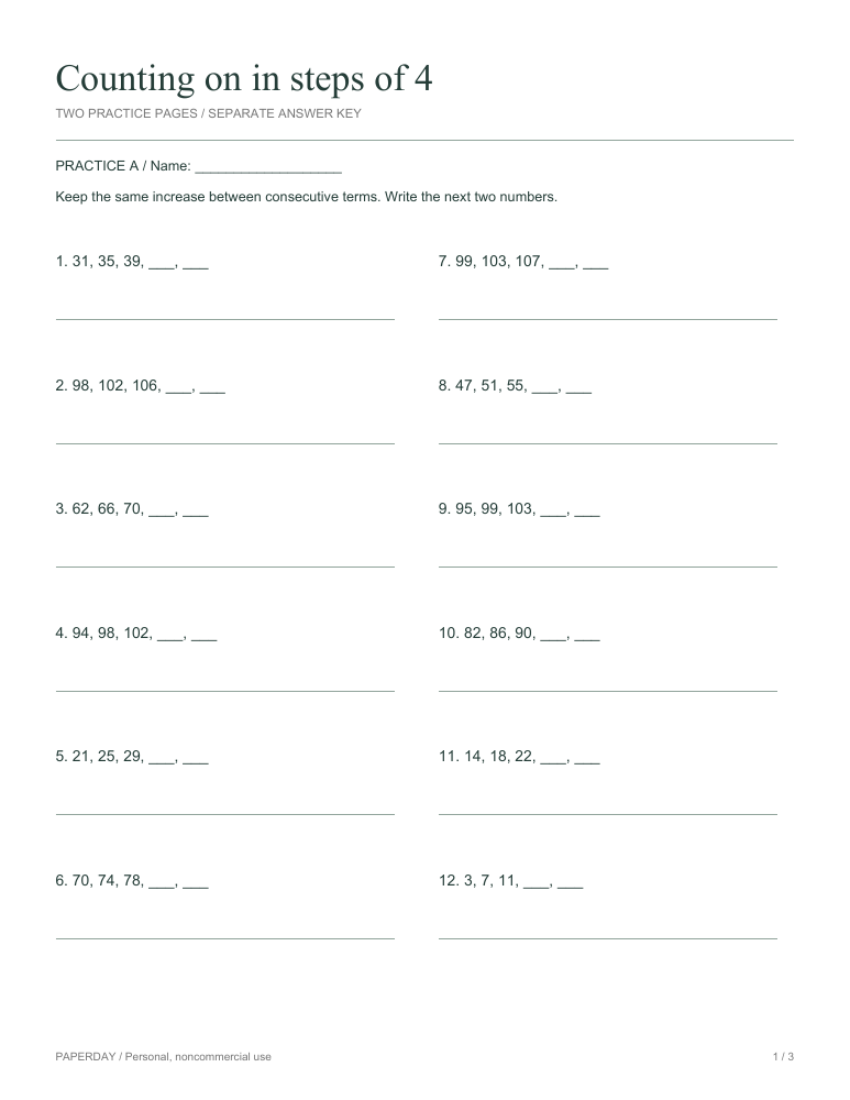 Page one of Counting on in steps of 4 - practice and answers