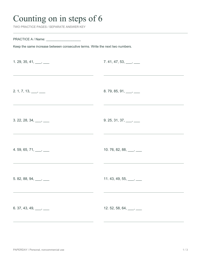 Page one of Counting on in steps of 6 - practice and answers