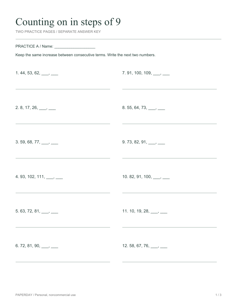 Page one of Counting on in steps of 9 - practice and answers