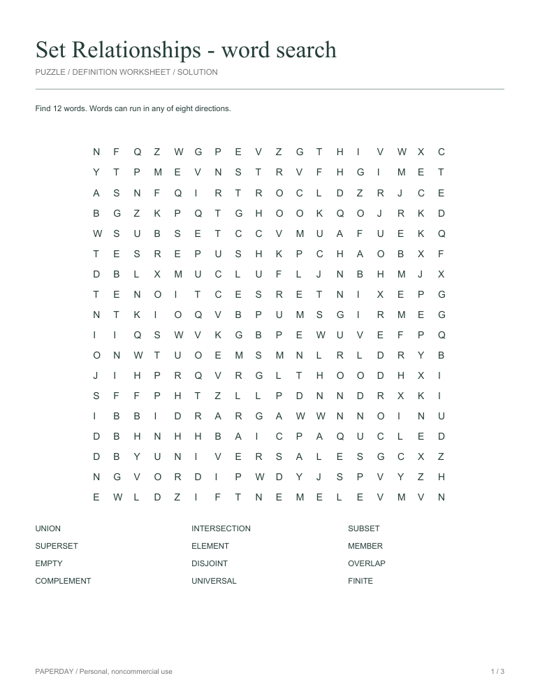 Preview of Set Relationships Word Search