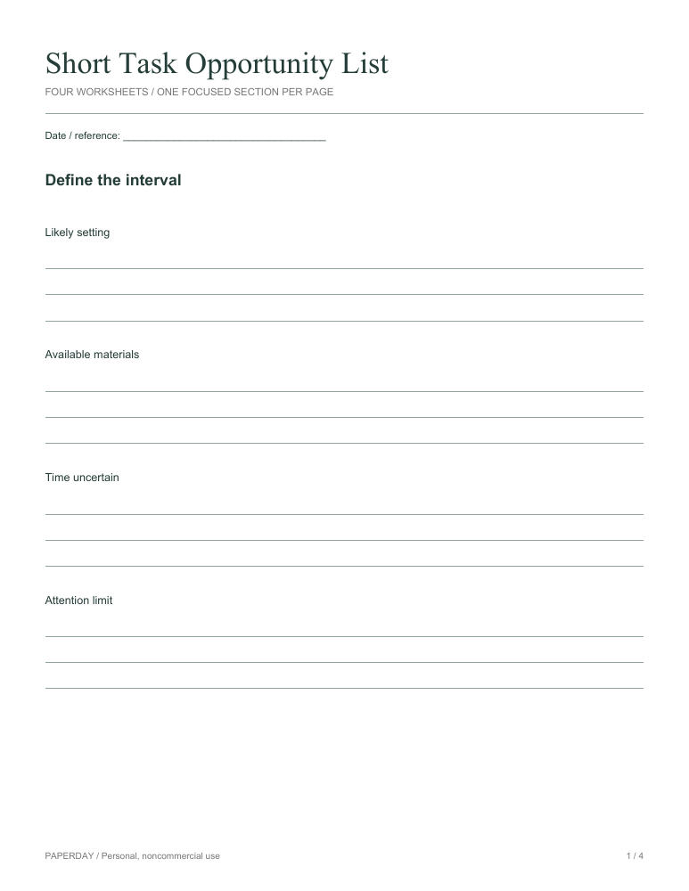 Page one of Short Task Opportunity List