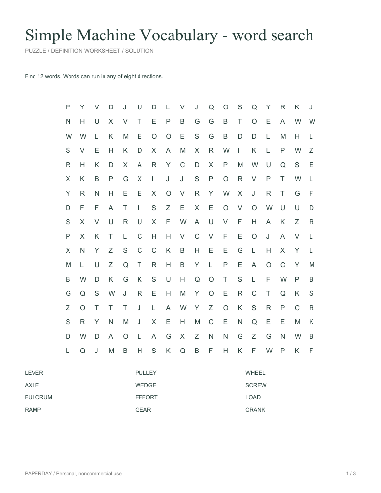 Preview of Simple Machine Vocabulary Word Search
