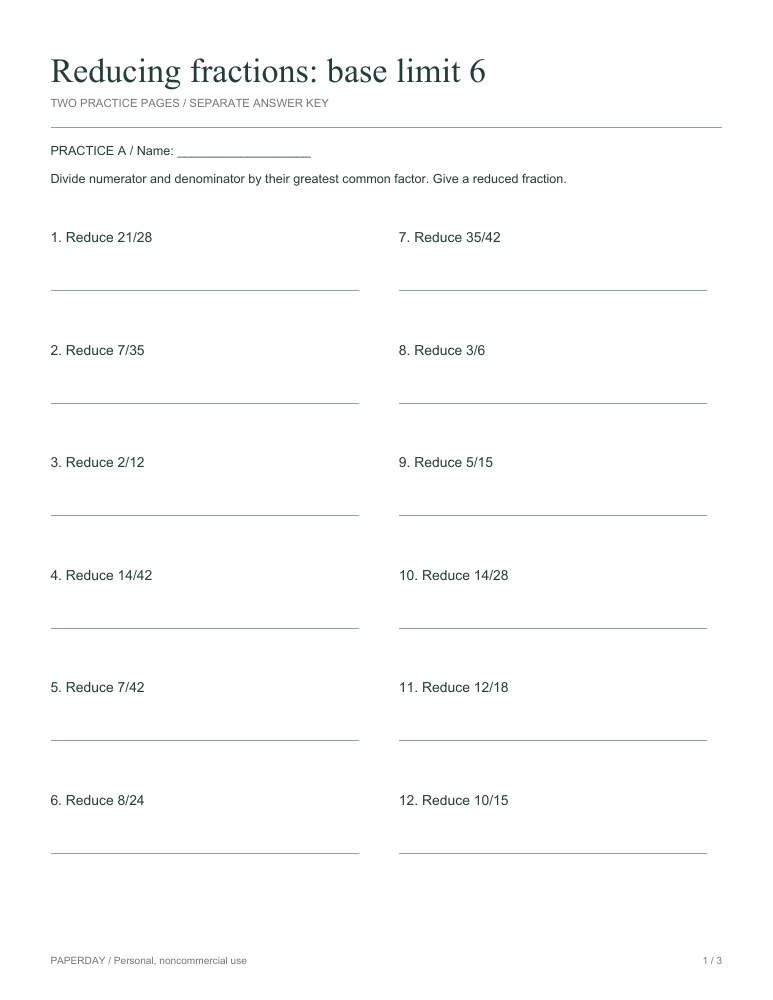 Preview of Reducing fractions: base limit 6 - practice and answers