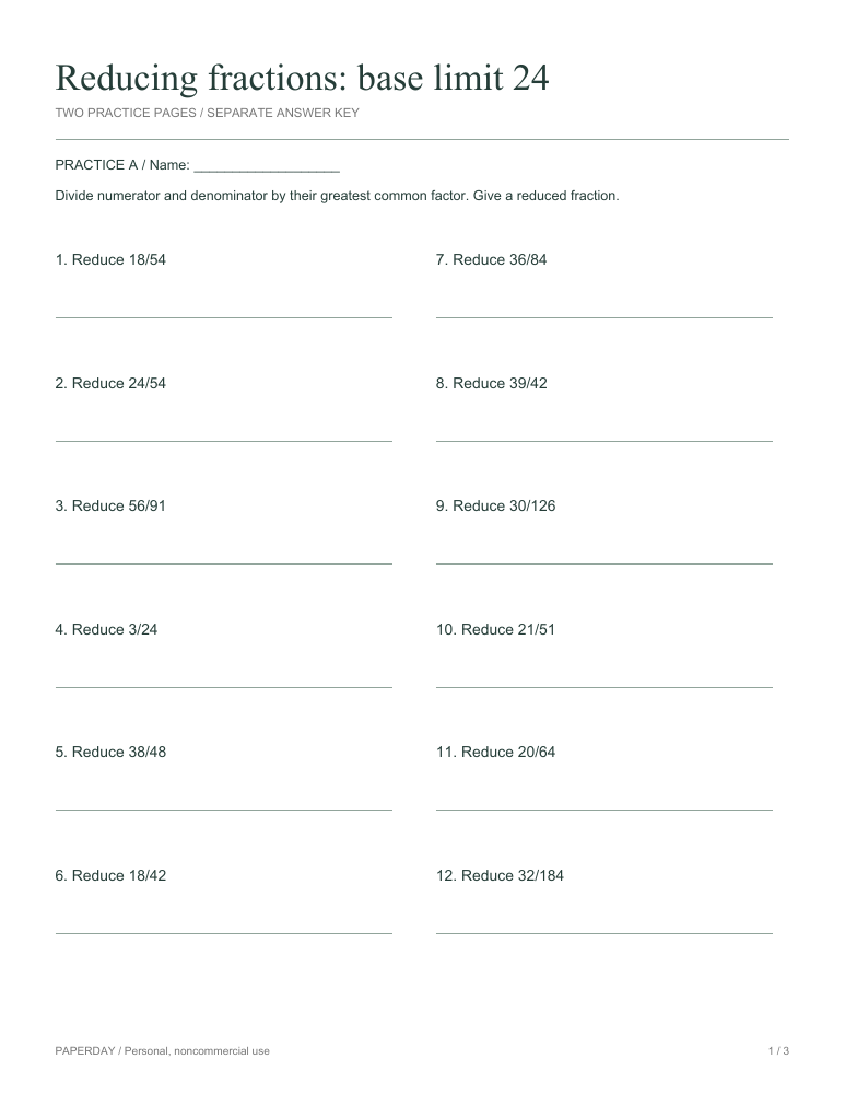Preview of Reducing fractions: base limit 24 - practice and answers