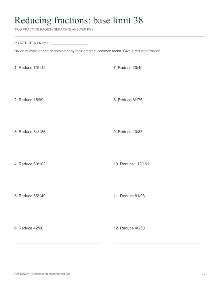 Preview of Reducing fractions: base limit 38 - practice and answers