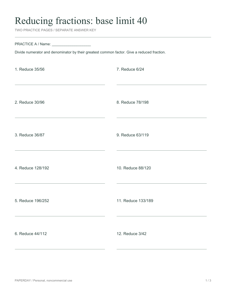 Preview of Reducing fractions: base limit 40 - practice and answers